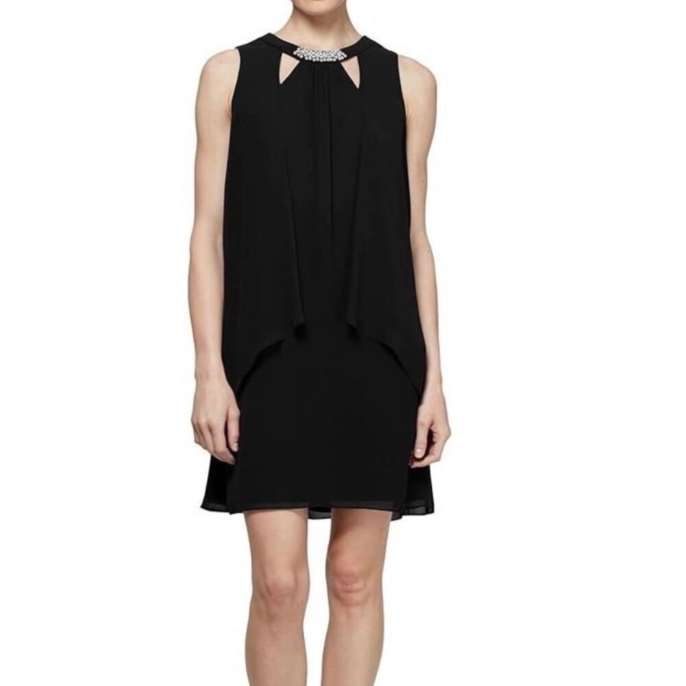 SLNY Black Pearl Beaded Hi-Lo Shift Dress Size 10 Sleeveless Cocktail